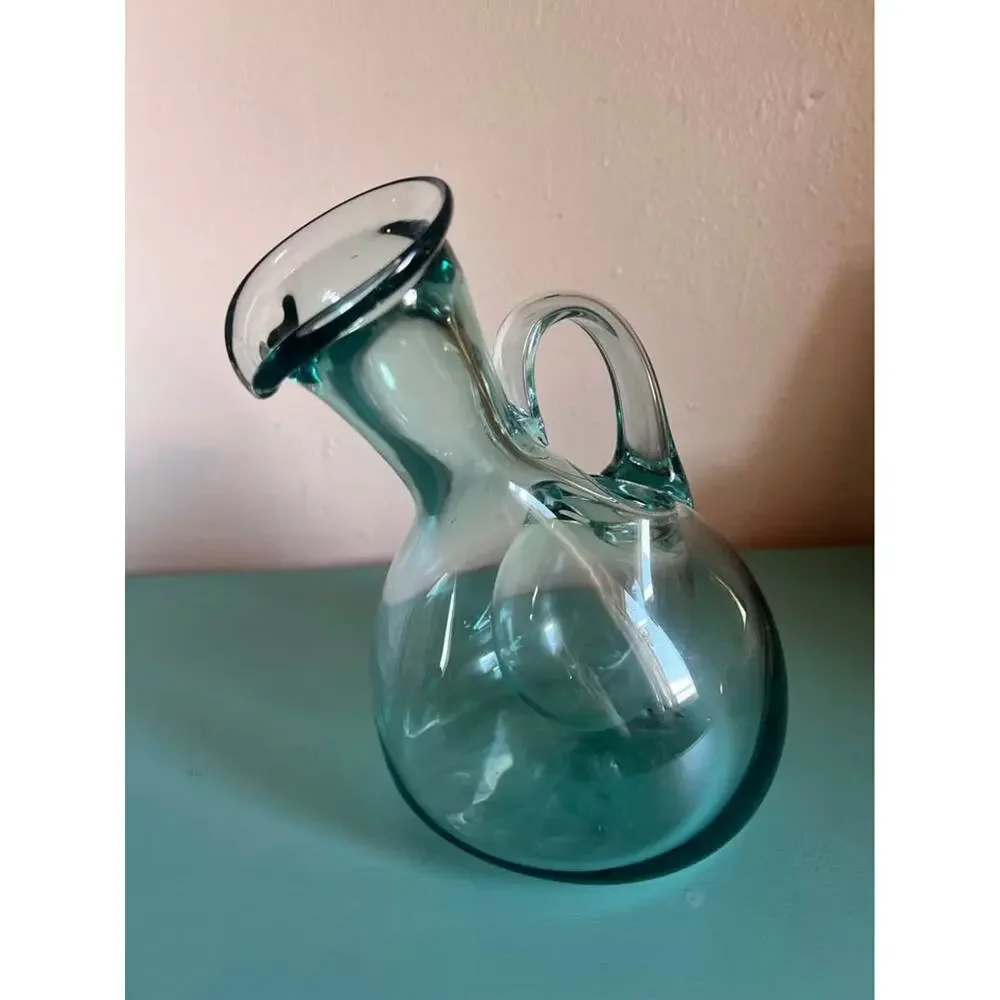 Hand-Blown Teal Glass Wine Decanter with Integrated Ice Chamber